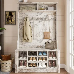 Vintage White Hall Tree Storage Bench with Adjustable Shoe Rack for Entryway Organization