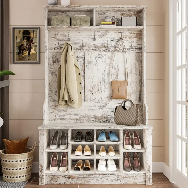 Vintage White Hall Tree Storage Bench with Adjustable Shoe Rack for Entryway Organization