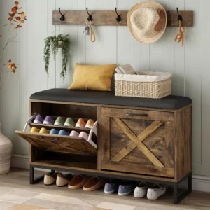 Modern Wood Entryway Bench with Shoe Storage and Coat Rack