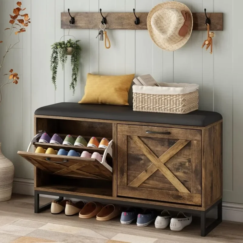 Modern Wood Entryway Bench with Shoe Storage and Coat Rack