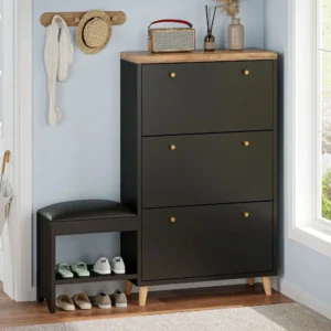Modern Wooden Entryway Shoe Cabinet with Bench and 3 Flip Drawers for Hallway