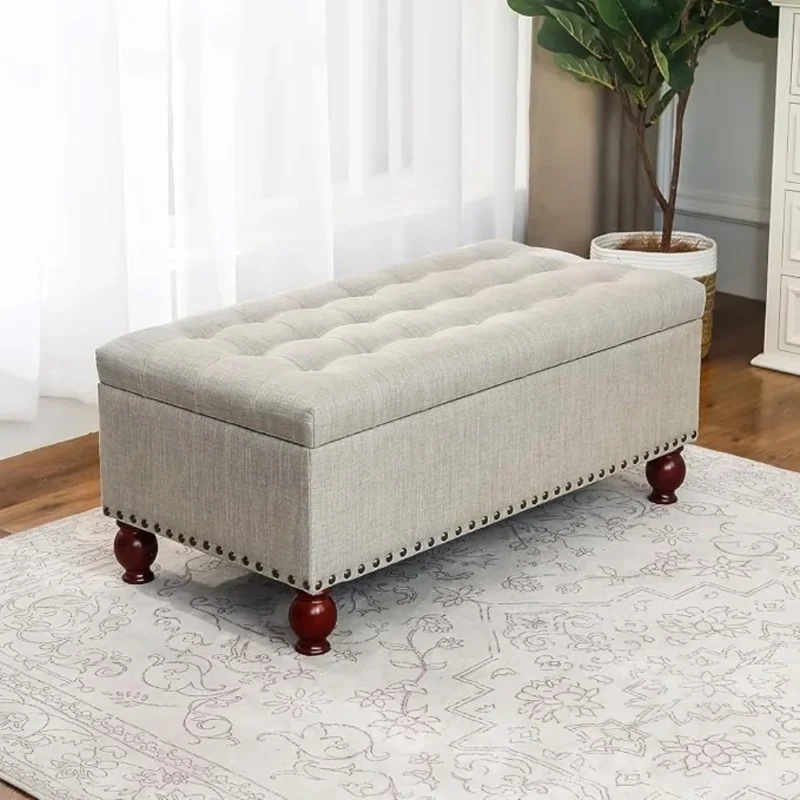 Contemporary Linen Storage Ottoman Bench with Hinged Lid for Bedroom and Living Room
