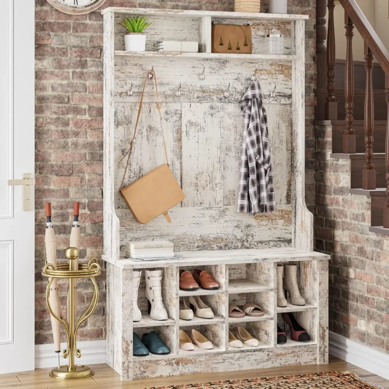 Vintage White Hall Tree Storage Bench with Adjustable Shoe Rack for Entryway Organization - Image 2