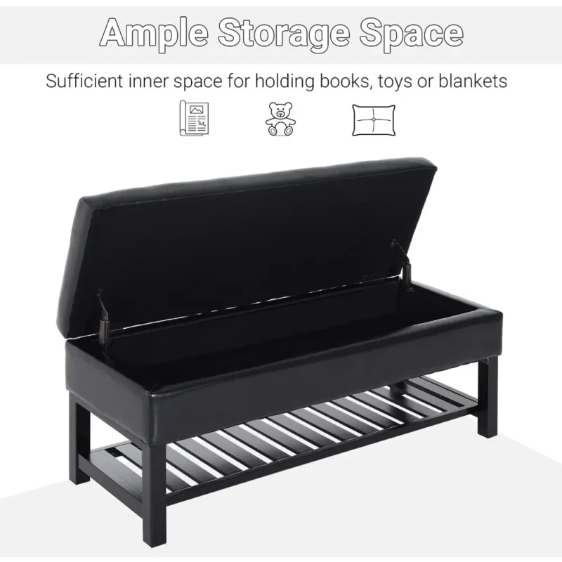 Modern Black Faux Leather Storage Ottoman Bench with Shoe Rack for Entryway - Image 4