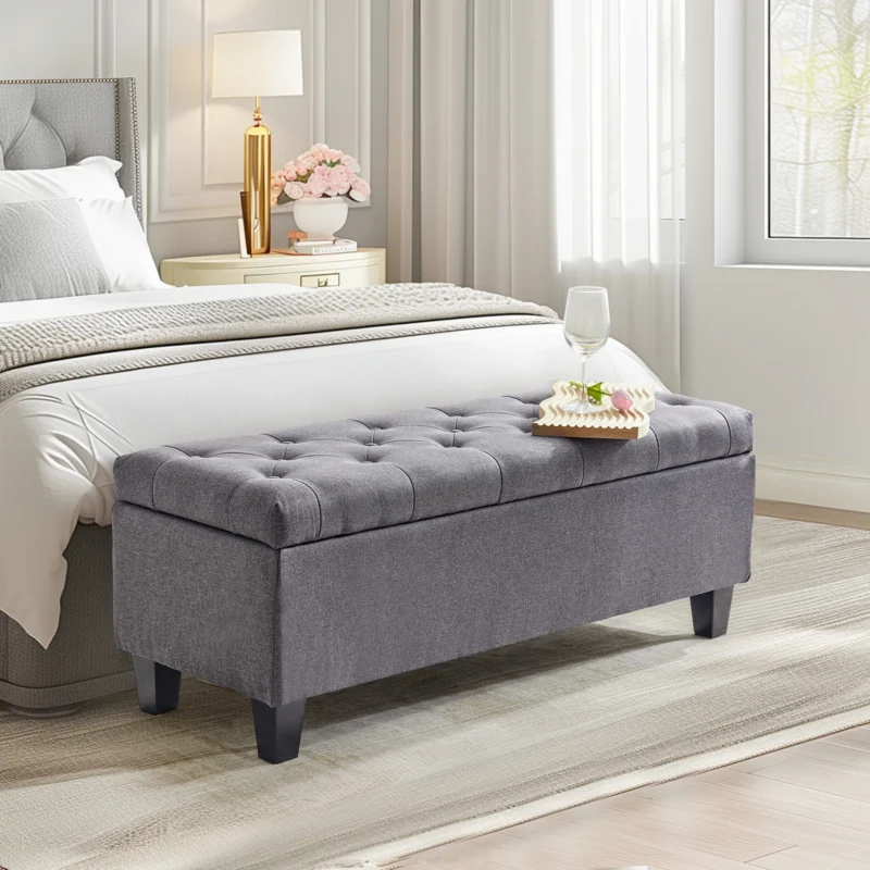Modern Upholstered Storage Ottoman Bench with Safety Hinge for Entryway and Bedroom