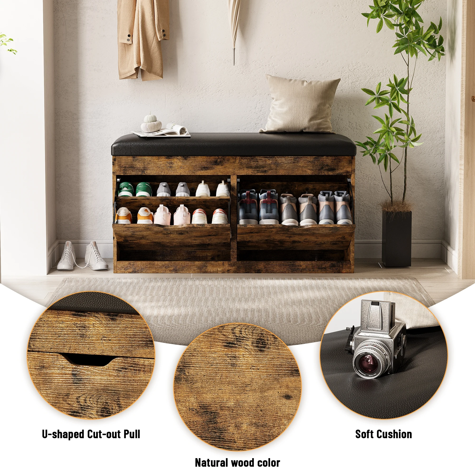 Modern lift-top storage bench with cushion perfect for compact entryways