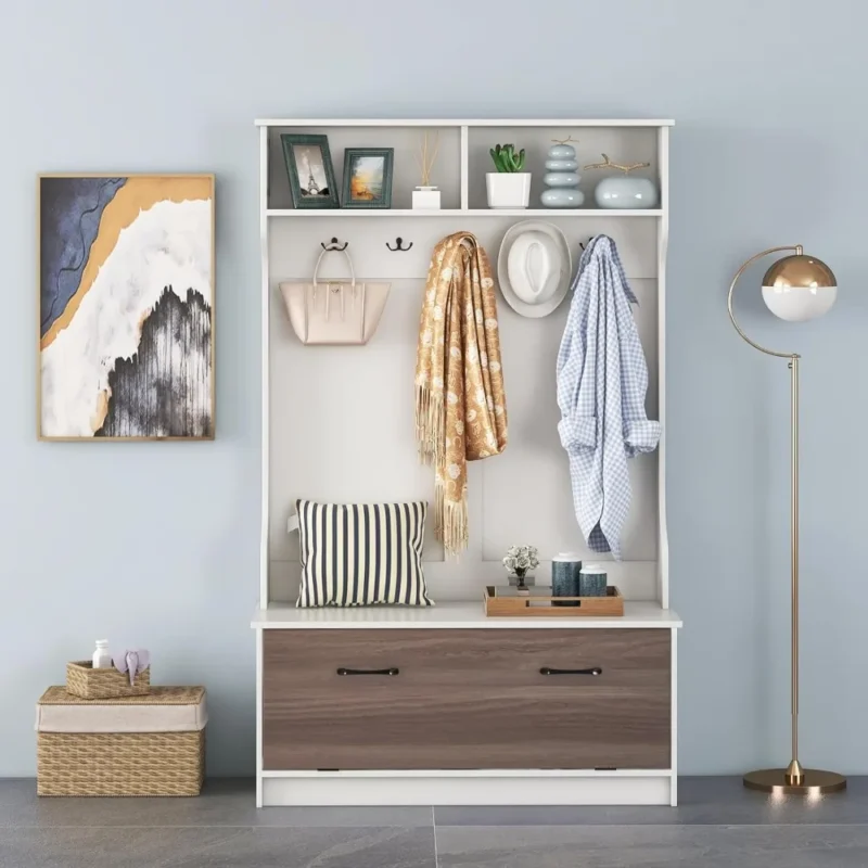 Rustic Wood Hall Tree with Storage Bench and 5 Double Hooks for Entryway - Image 3