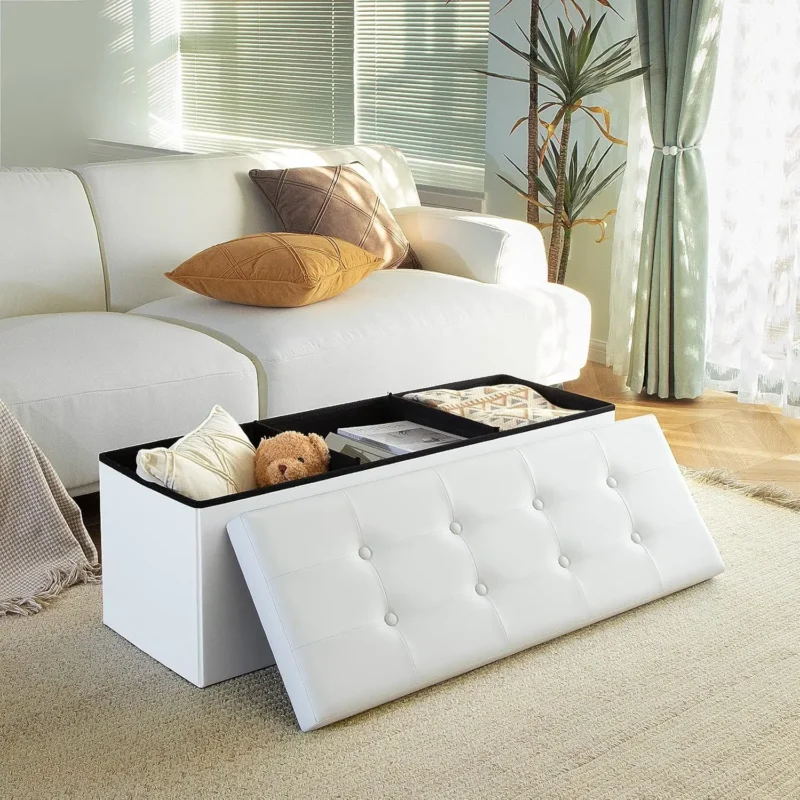 Foldable Faux Leather Storage Ottoman Bench with Padded Seat for Bedroom and Living Room - Image 5