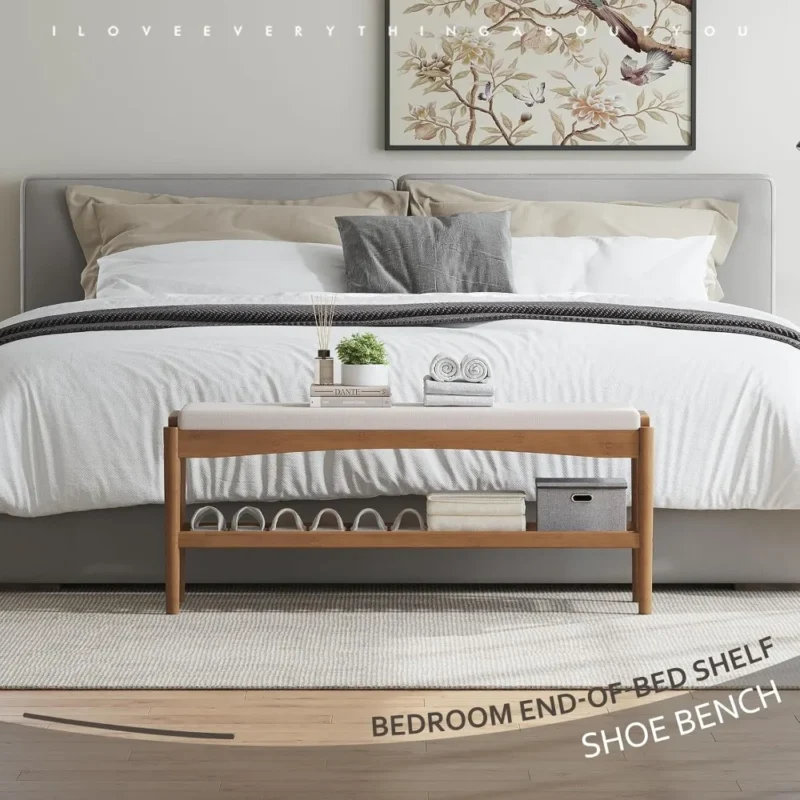 Natural Bamboo Entryway Bench with Cushioned Seat and 2-Tier Shoe Storage - Image 6