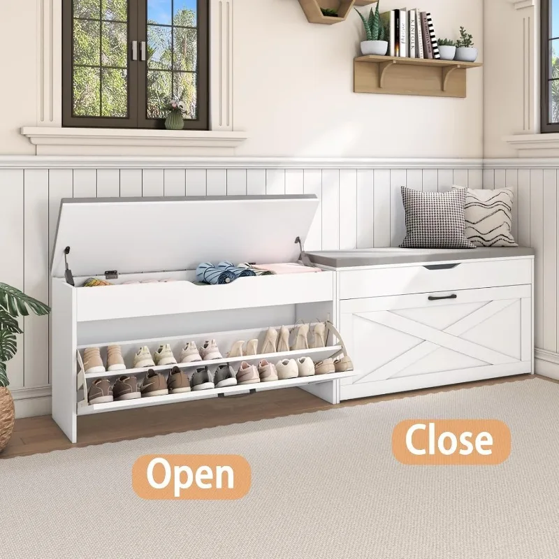 A versatile storage bench with natural wood tones creates authentic farmhouse warmth