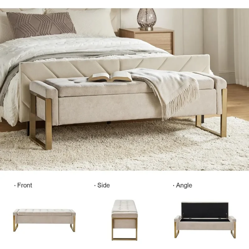Modern Beige Upholstered Storage Ottoman Bench with Gold Legs for Bedroom and Entryway - Image 3