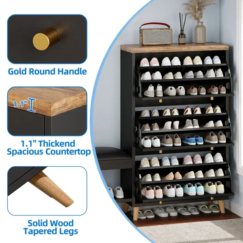 Modern Wooden Entryway Shoe Cabinet with Bench and 3 Flip Drawers for Hallway - Image 6