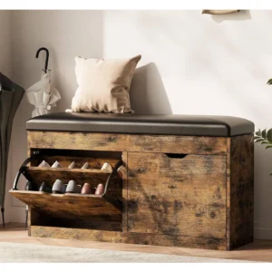 Modern Wooden Storage Bench with Padded Cushion and Hidden Shoe Compartments for Entryway