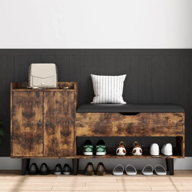 Modern Wooden Entryway Bench with Hidden Storage Cabinet and Shoe Shelf - Image 5