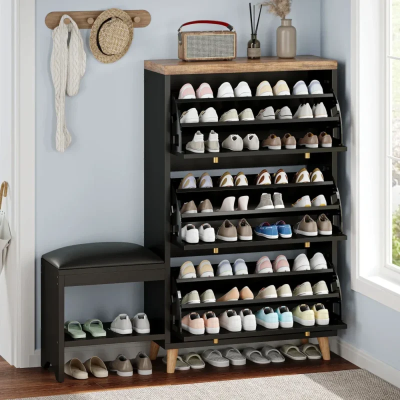 Modern Wooden Entryway Shoe Cabinet with Bench and 3 Flip Drawers for Hallway - Image 2