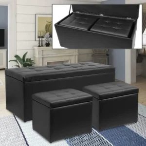 Modern PU Leather Storage Ottoman Set with Rectangle Bench and Cubes for Living Room