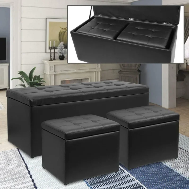 Modern PU Leather Storage Ottoman Set with Rectangle Bench and Cubes for Living Room