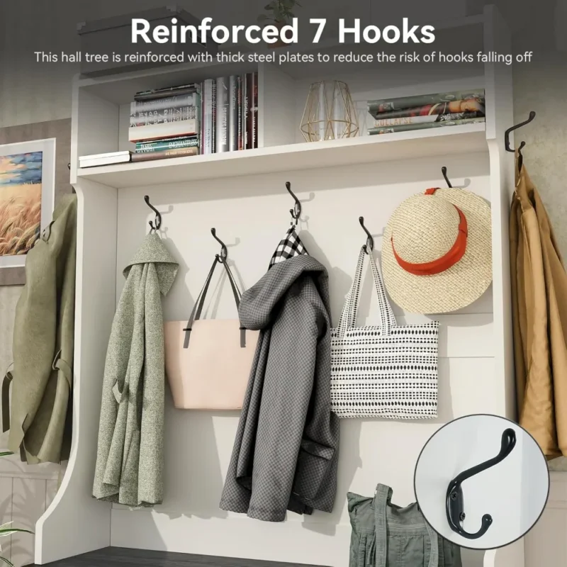 Farmhouse Hall Tree with Shoe Storage and Coat Hooks for Entryway and Mudroom - Image 4
