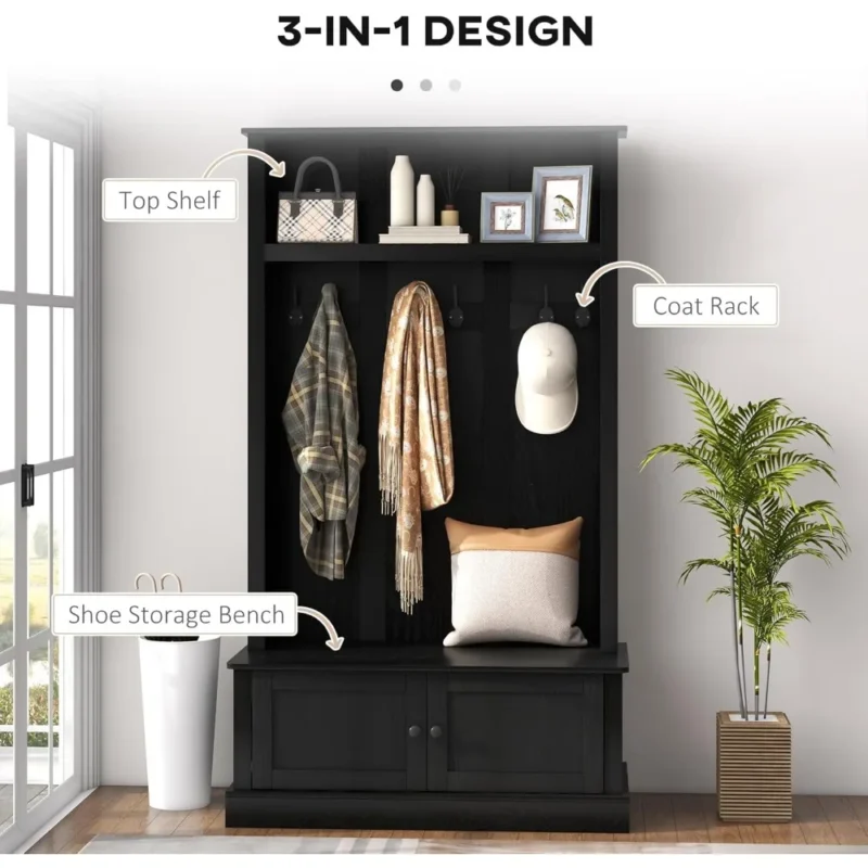Rustic Wood Hall Tree with Storage Bench and Coat Rack for Entryway - Image 3