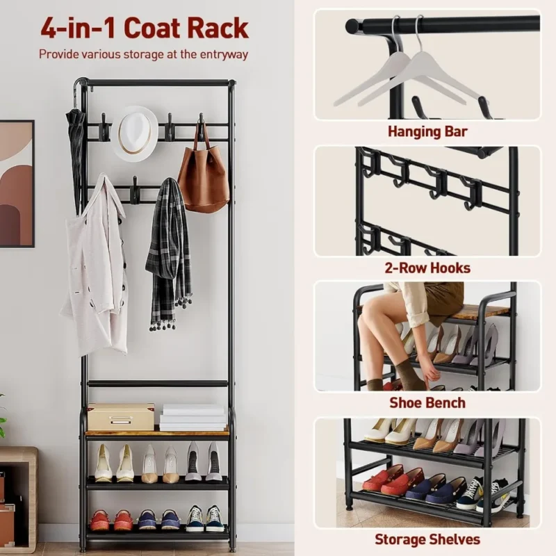 Modern Wood Hall Tree with Shoe Bench and Coat Rack for Entryway Organization - Image 4