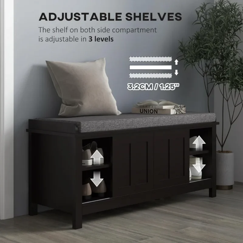 Modern Black Engineered Wood Entryway Bench with Sliding Door Shoe Storage for Hallway - Image 6