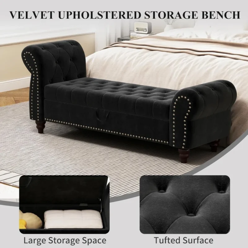 Modern Velvet Storage Ottoman Bench with Rolled Arms for Entryway and Bedroom - Image 4