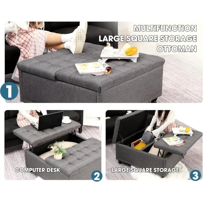 Modern Linen Square Storage Ottoman with Lift Top for Living Room - Image 6