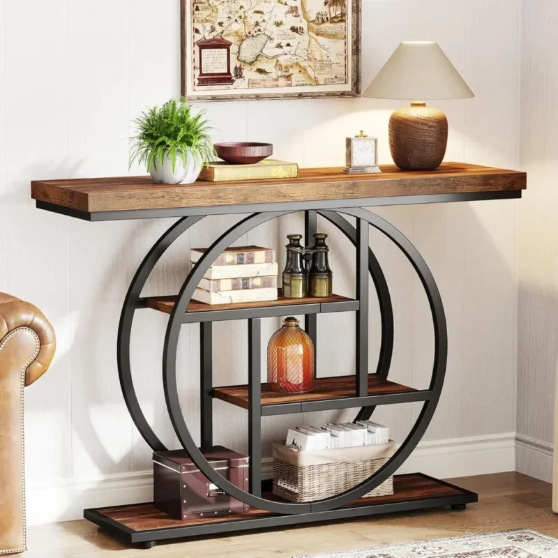 Industrial Wood Entryway Console Table with Storage Shelves and Metal Circle Base