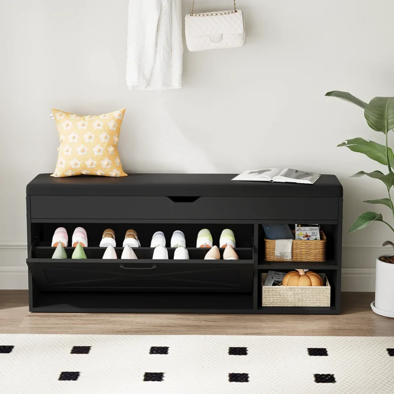 Modern 3-Compartment Entryway Shoe Bench with Flip Drawer for Hallway - Image 6