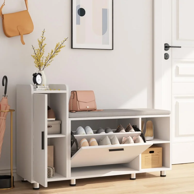 Modern Wooden Shoe Storage Bench with Padded Seat and Cabinet for Entryway - Image 2