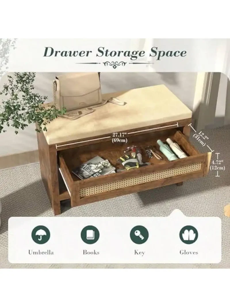 Farmhouse Rattan Entryway Bench with Cushion and Storage Drawer for Mudroom - Image 5