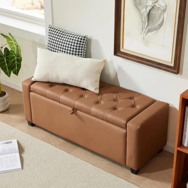 Modern Linen Upholstered Storage Ottoman Bench with Tufted Top for Bedroom and Entryway - Image 4