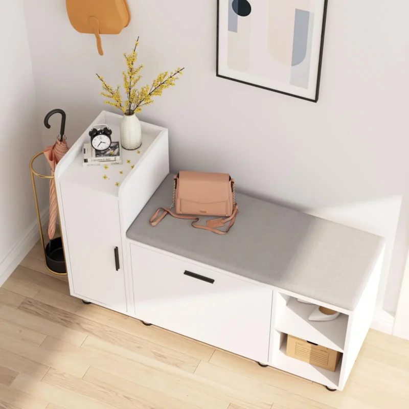 Modern Wooden Shoe Storage Bench with Padded Seat and Cabinet for Entryway - Image 6