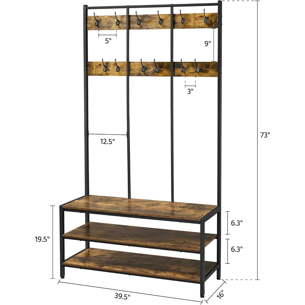 Industrial hall tree design with multiple hooks for maximum entryway organization