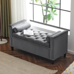 Modern Velvet Upholstered Storage Bench with Armrests for Entryway and Living Room