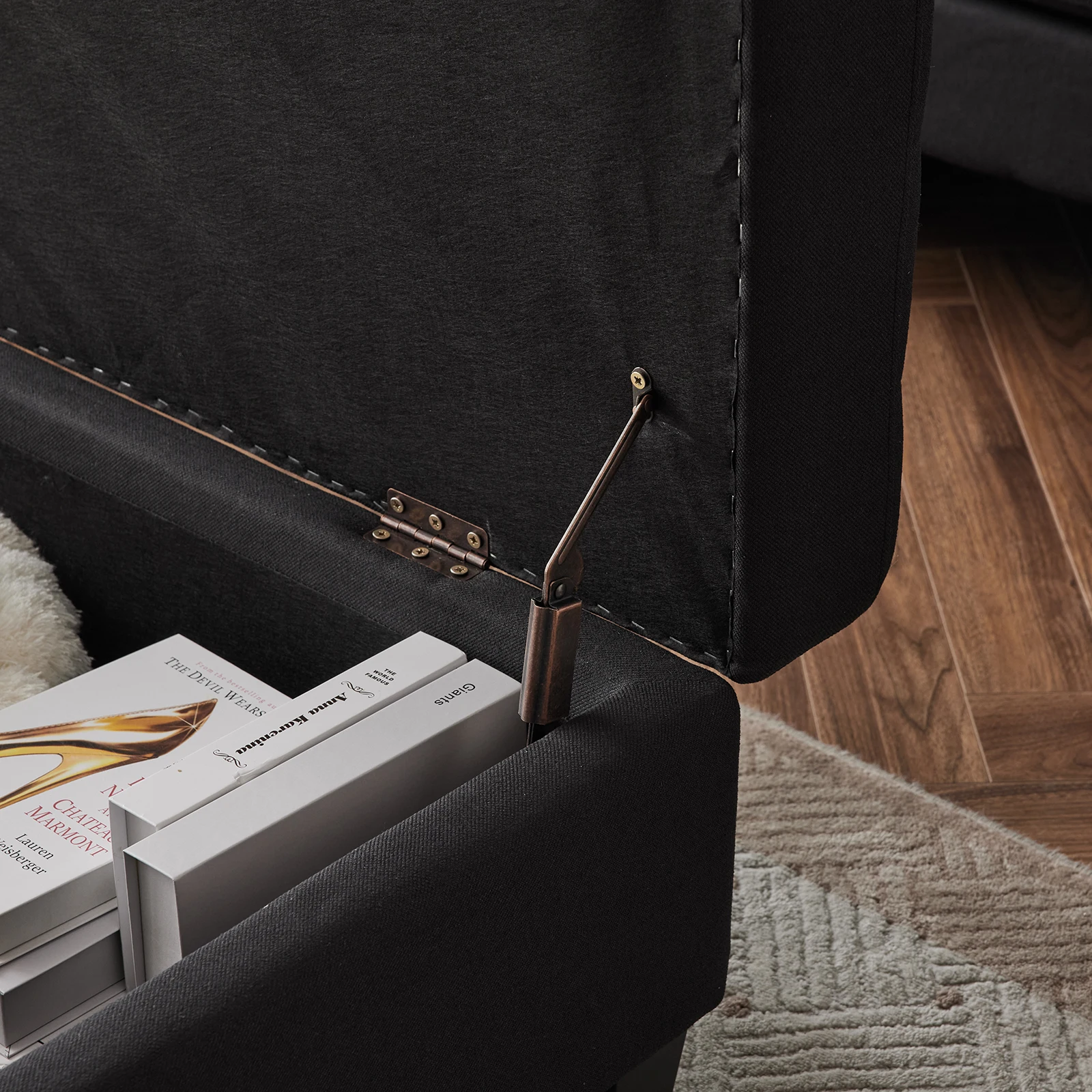 Tufted modern storage bench creating elegant entryway focal point