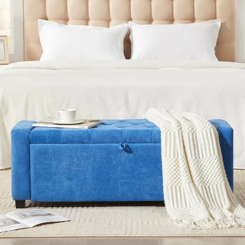 Modern Linen Upholstered Storage Ottoman Bench with Tufted Top for Bedroom and Entryway - Image 7