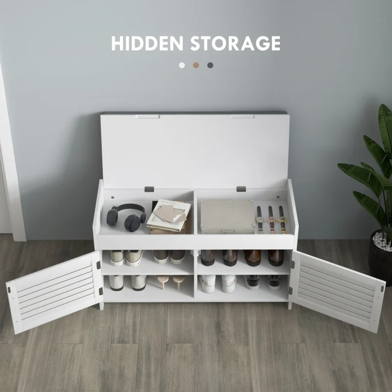 Modern White Wooden Entryway Bench with Hidden Storage and Cushioned Seat - Image 4