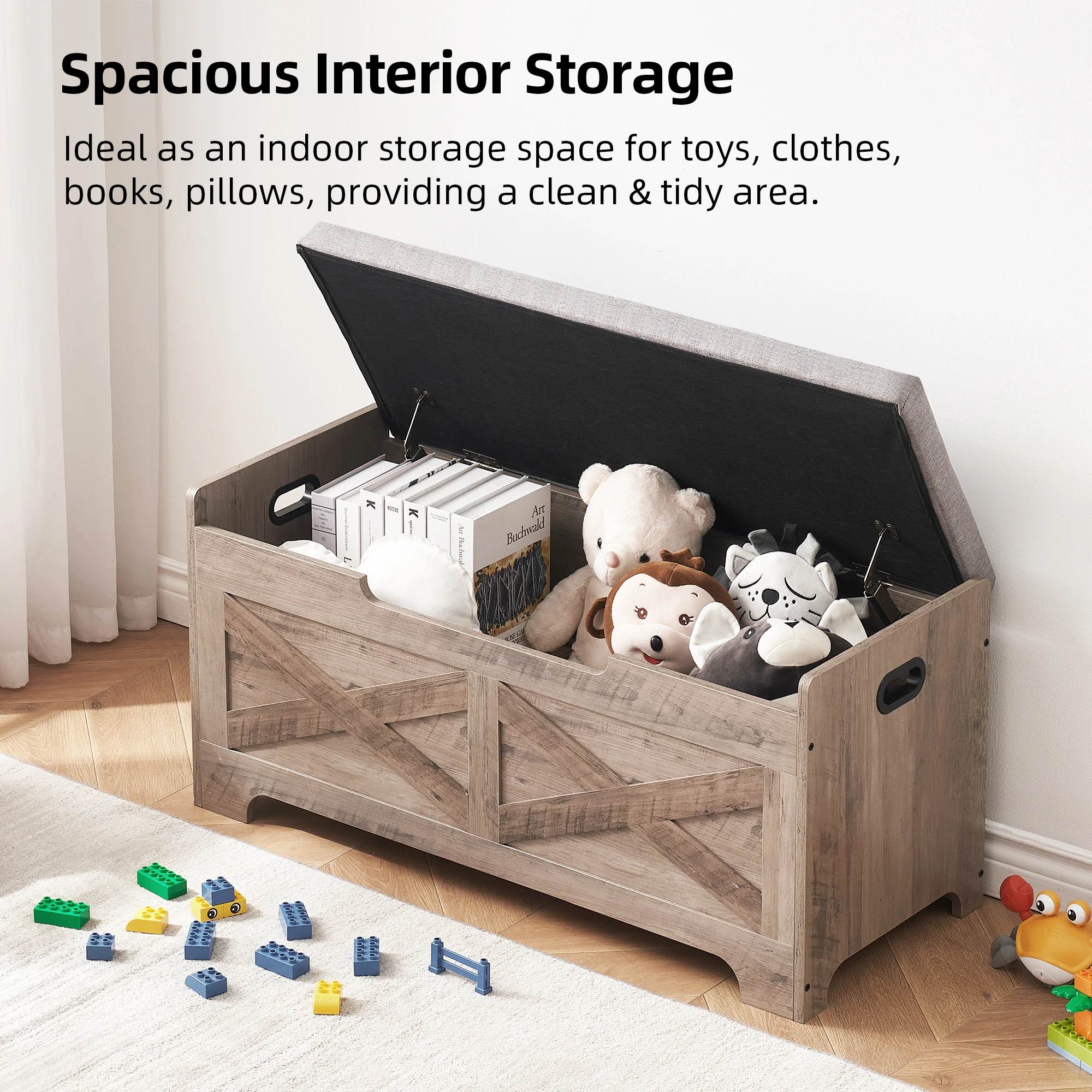 Rustic wooden storage bench with lift-top design for hallway storage