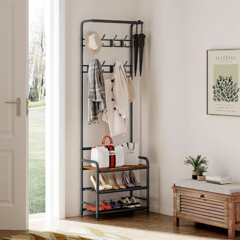Modern Wood Hall Tree with Shoe Bench and Coat Rack for Entryway Organization - Image 2