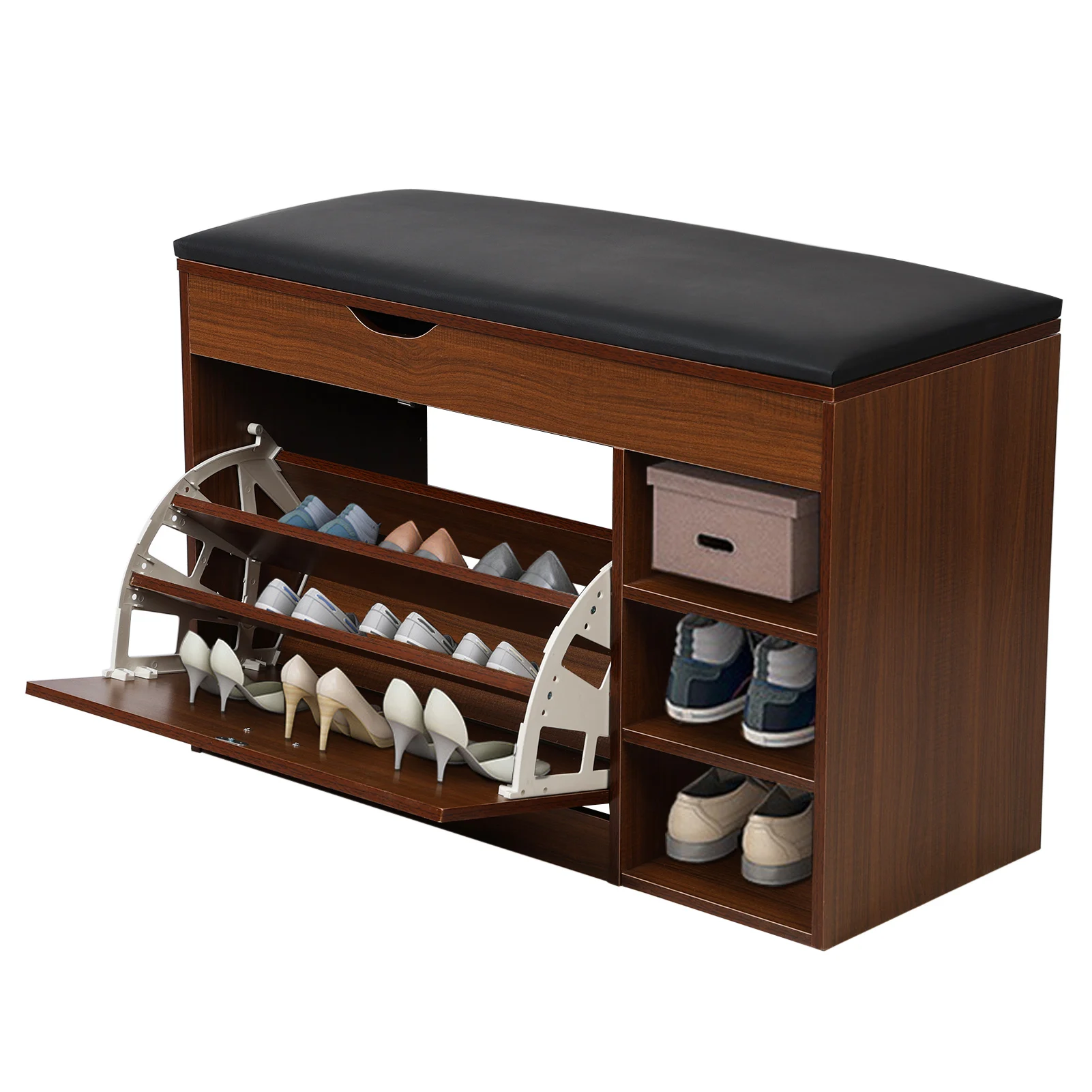 Wooden storage bench with cushion ideal for small minimalist entryway spaces