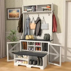 Farmhouse Hall Tree with Shoe Storage and Coat Hooks for Entryway and Mudroom