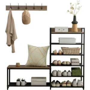 Rustic Hall Tree Entryway Bench with 6-Tier Coat Rack and Shoe Storage