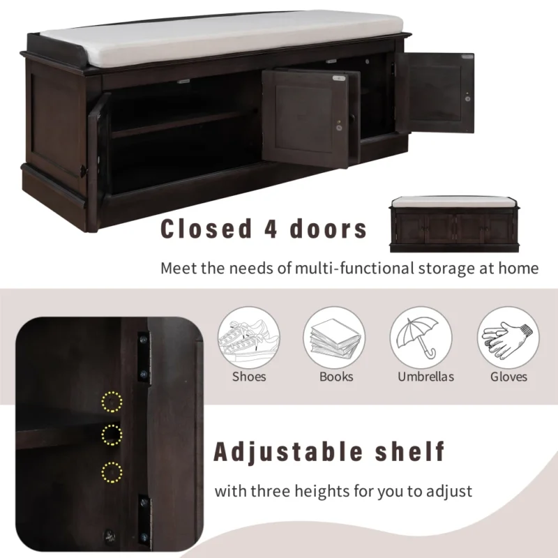 Espresso Wood Entryway Shoe Storage Bench with 4 Doors and Cushioned Seat - Image 5