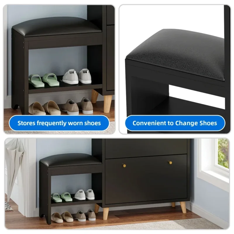 Modern Wooden Entryway Shoe Cabinet with Bench and 3 Flip Drawers for Hallway - Image 4