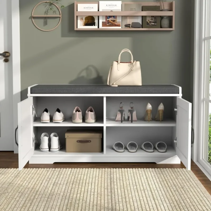 Farmhouse Wood Entryway Bench with Padded Seat and 2-Tier Shoe Storage - Image 3