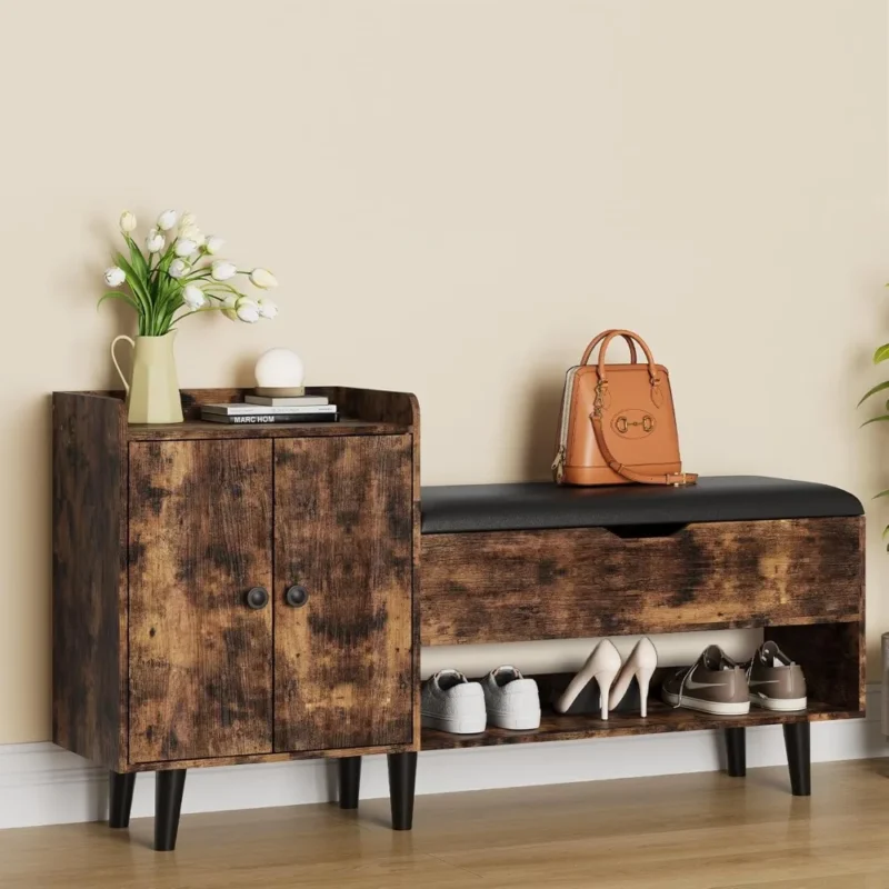 Modern Wooden Entryway Bench with Hidden Storage Cabinet and Shoe Shelf - Image 2