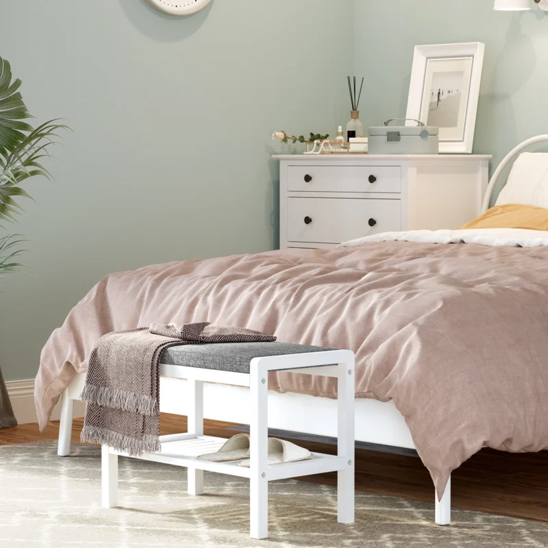 Modern Bamboo Entryway Bench with Cushioned Seat and Shoe Storage Shelf - Image 2
