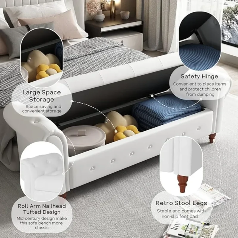 Elegant Tufted 63-Inch Upholstered Storage Bench with Rolled Arms for Bedroom Entryway - Image 3