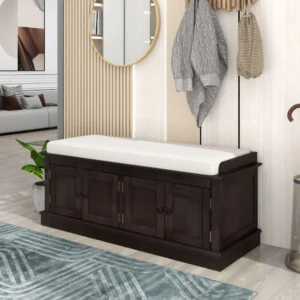 Espresso Wood Entryway Shoe Storage Bench with 4 Doors and Cushioned Seat